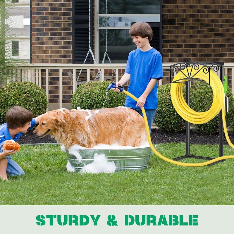TomCare Garden Hose Holder Upgraded Heavy Duty Metal Water Hose Holder Holds 160 FT Hoses Sturdy Hose Reel with 2 Tool Hooks Freestanding Outdoor Hoses Storage Hanger for Outside Yard Lawn, Black - Image 3